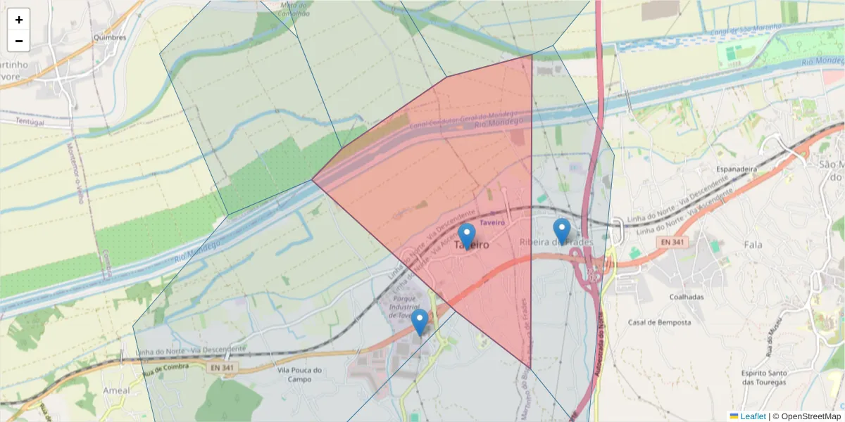 Mapa detalhado do código postal 3045-501 com limites, códigos postais vizinhos e agências dos correios
