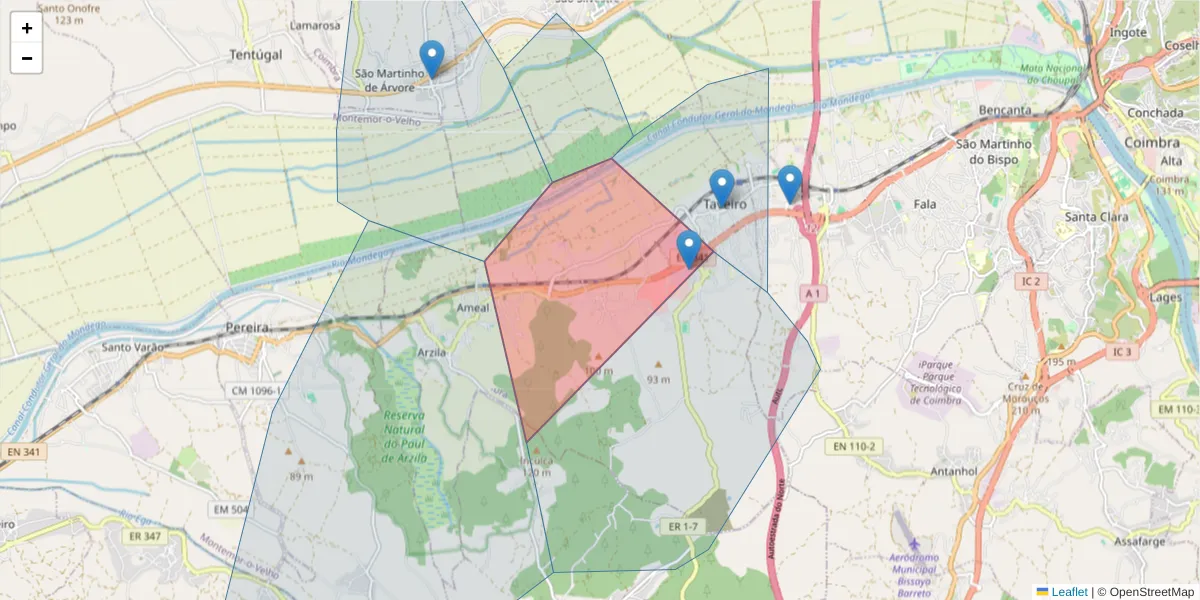 Mapa detalhado do código postal 3045-504 com limites, códigos postais vizinhos e agências dos correios