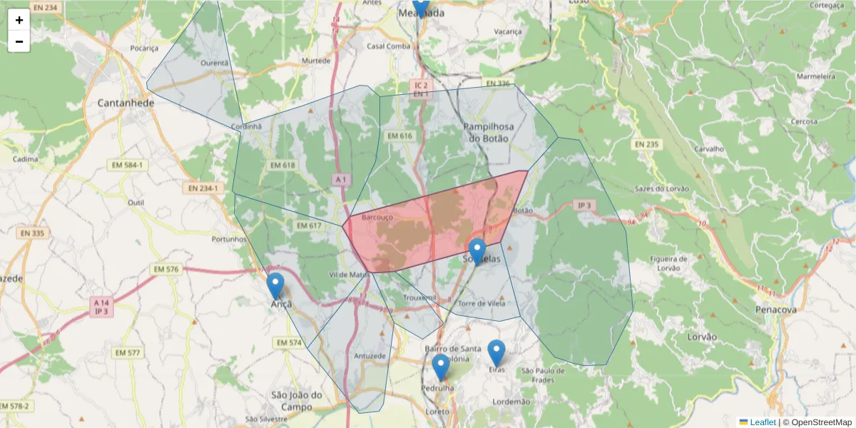 Mapa detalhado do código postal 3050-106 com limites, códigos postais vizinhos e agências dos correios