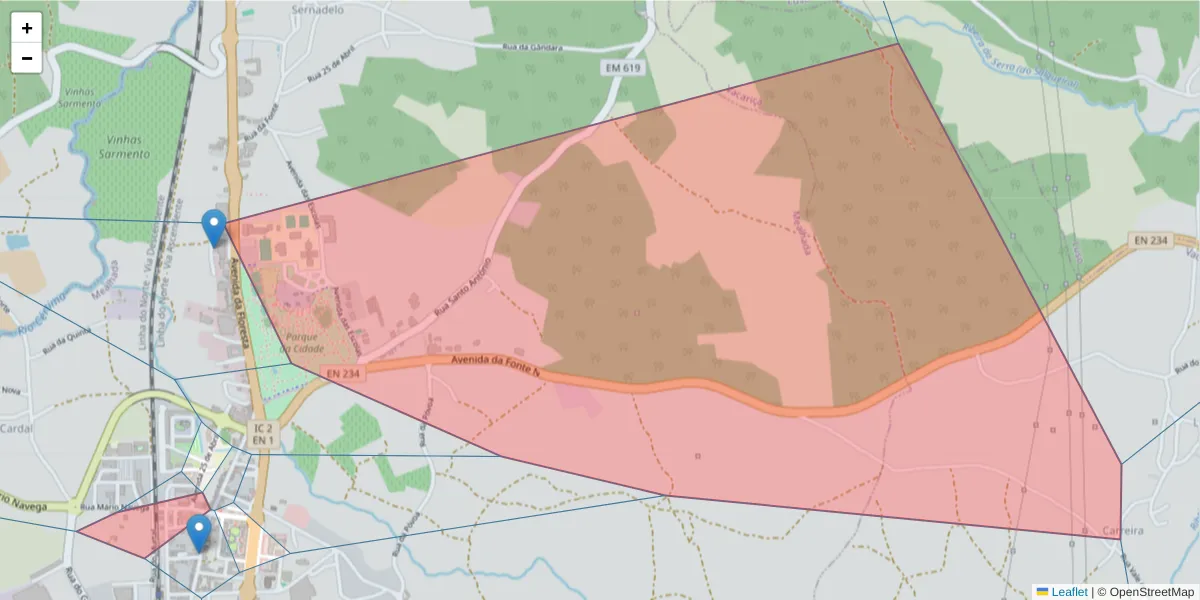 Mapa detalhado do código postal 3050-342 com limites, códigos postais vizinhos e agências dos correios