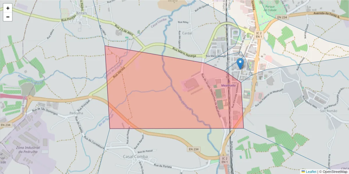 Mapa detalhado do código postal 3050-364 com limites, códigos postais vizinhos e agências dos correios