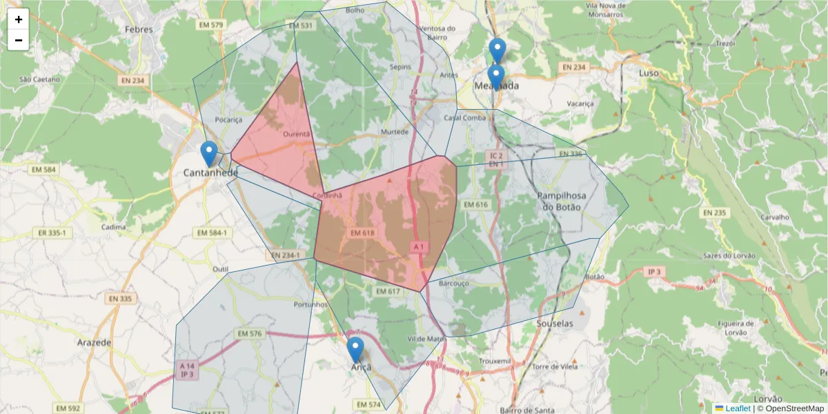 Mapa detalhado do código postal 3060-000 com limites, códigos postais vizinhos e agências dos correios
