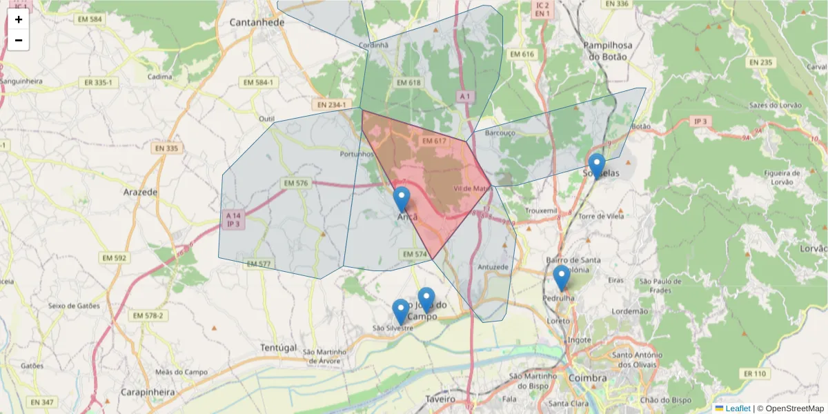 Mapa detalhado do código postal 3060-053 com limites, códigos postais vizinhos e agências dos correios