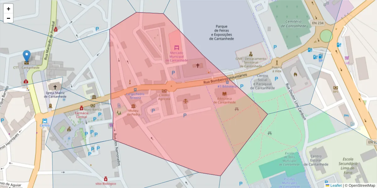 Mapa detalhado do código postal 3060-174 com limites, códigos postais vizinhos e agências dos correios