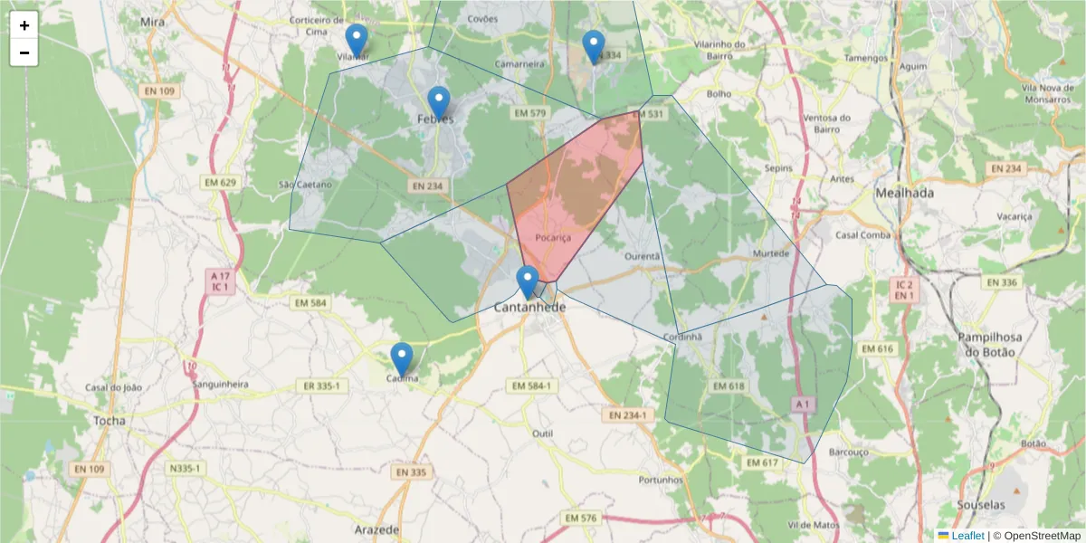 Mapa detalhado do código postal 3060-216 com limites, códigos postais vizinhos e agências dos correios