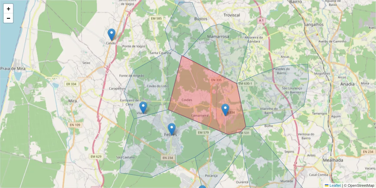 Mapa detalhado do código postal 3060-284 com limites, códigos postais vizinhos e agências dos correios