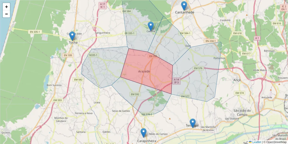 Mapa detalhado do código postal 3060-314 com limites, códigos postais vizinhos e agências dos correios