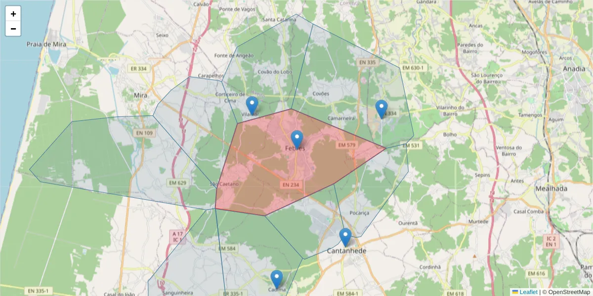 Mapa detalhado do código postal 3060-318 com limites, códigos postais vizinhos e agências dos correios