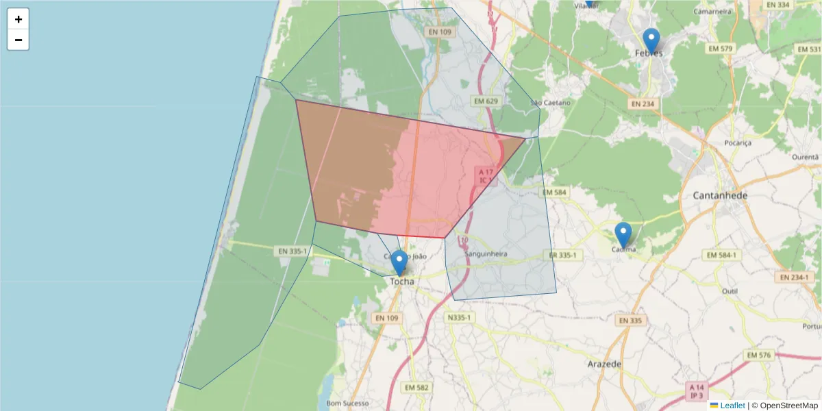 Mapa detalhado do código postal 3060-590 com limites, códigos postais vizinhos e agências dos correios