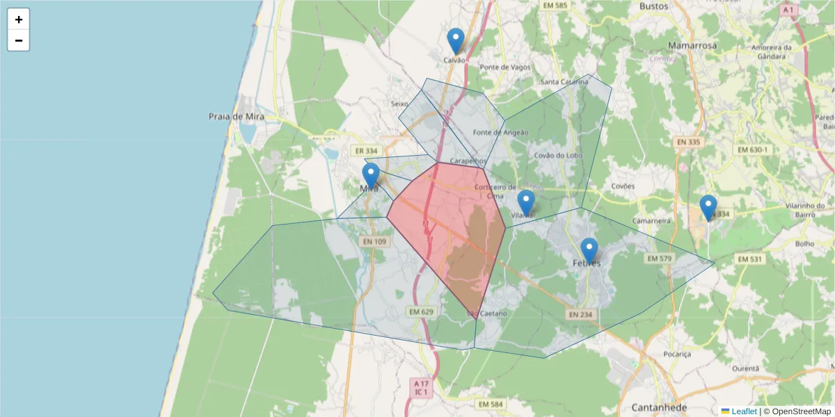 Mapa detalhado do código postal 3070-212 com limites, códigos postais vizinhos e agências dos correios