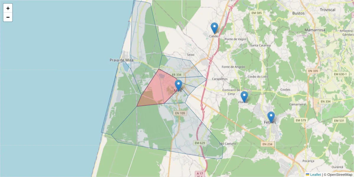Mapa detalhado do código postal 3070-301 com limites, códigos postais vizinhos e agências dos correios