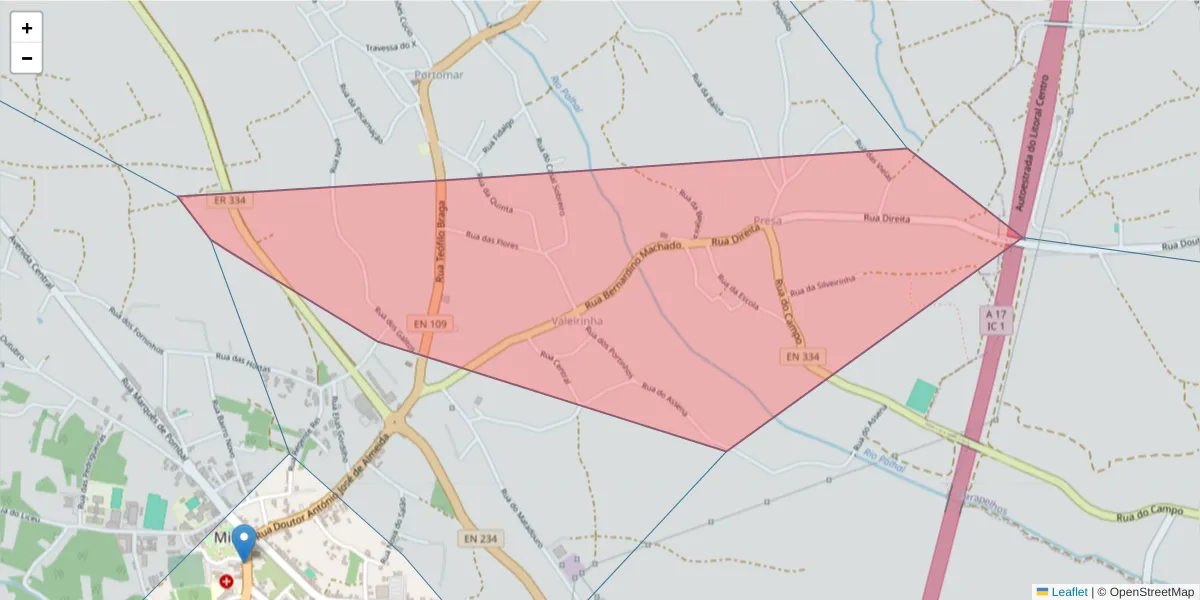 Mapa detalhado do código postal 3070-333 com limites, códigos postais vizinhos e agências dos correios
