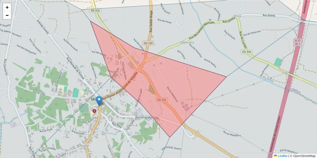 Mapa detalhado do código postal 3070-399 com limites, códigos postais vizinhos e agências dos correios
