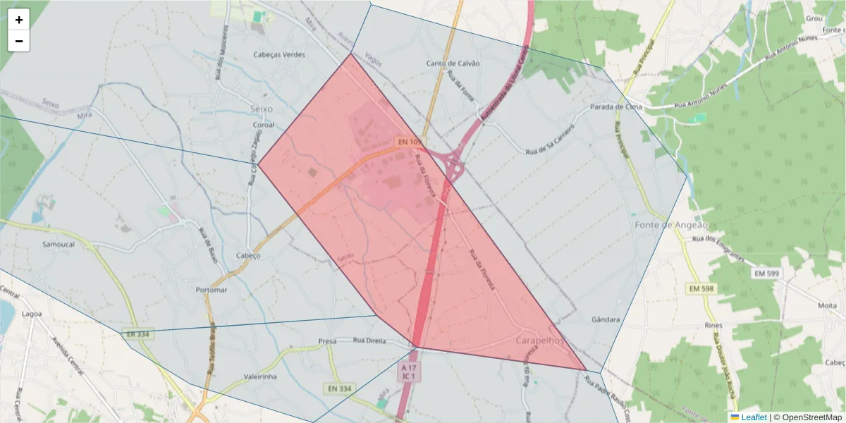 Mapa detalhado do código postal 3070-492 com limites, códigos postais vizinhos e agências dos correios
