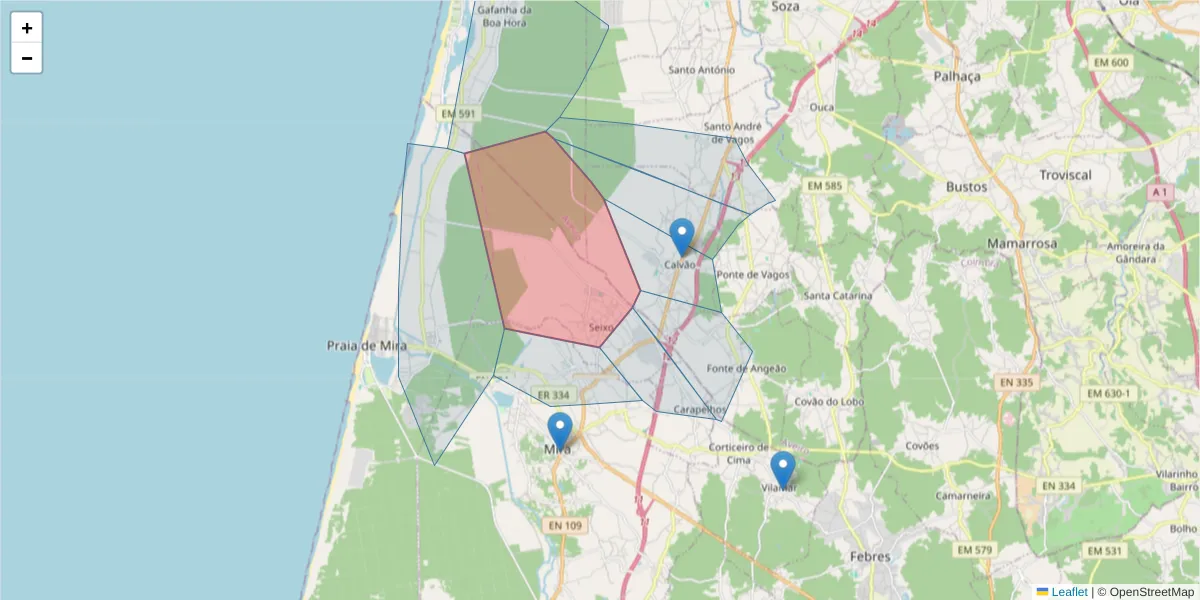 Mapa detalhado do código postal 3070-504 com limites, códigos postais vizinhos e agências dos correios