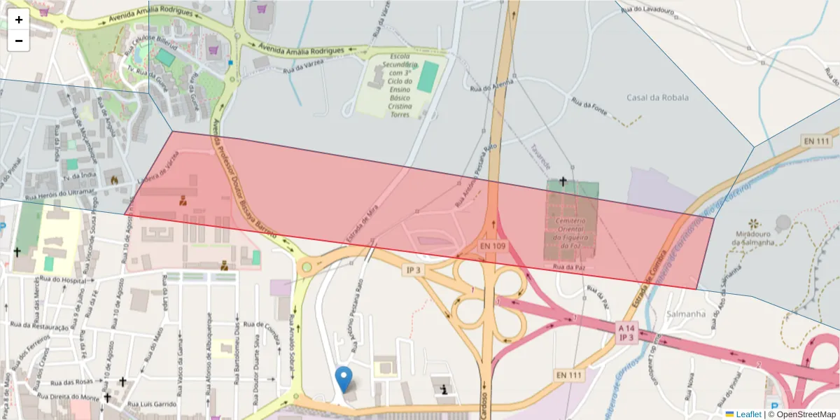 Mapa detalhado do código postal 3080-039 com limites, códigos postais vizinhos e agências dos correios