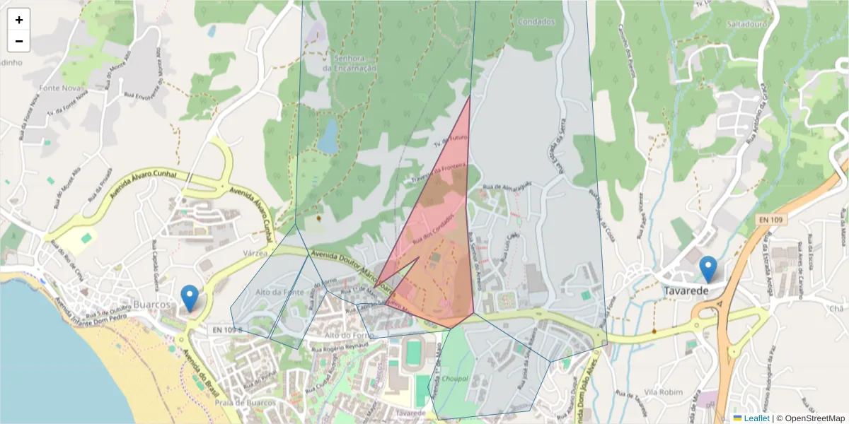 Mapa detalhado do código postal 3080-206 com limites, códigos postais vizinhos e agências dos correios