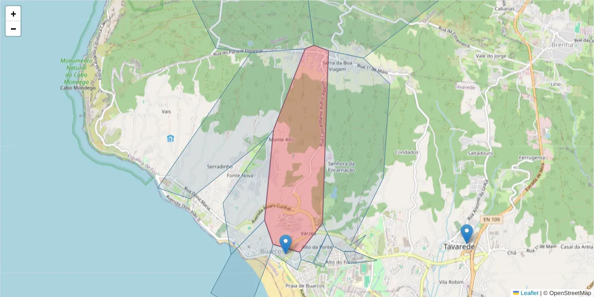 Mapa detalhado do código postal 3080-228 com limites, códigos postais vizinhos e agências dos correios