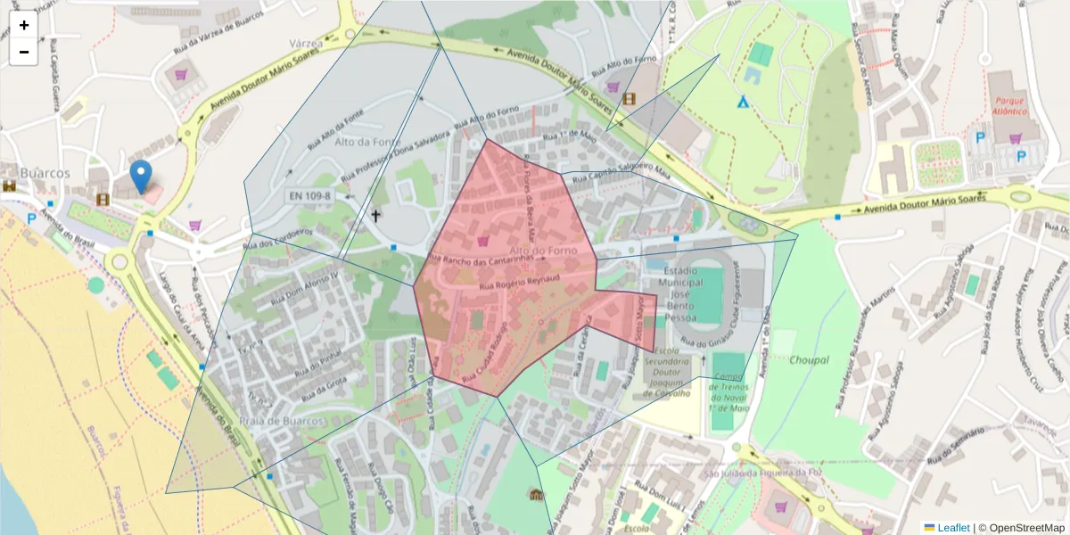 Mapa detalhado do código postal 3080-251 com limites, códigos postais vizinhos e agências dos correios