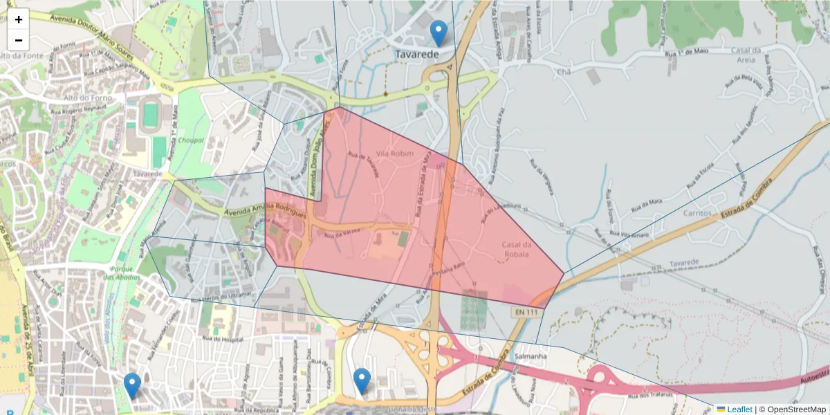 Mapa detalhado do código postal 3080-602 com limites, códigos postais vizinhos e agências dos correios