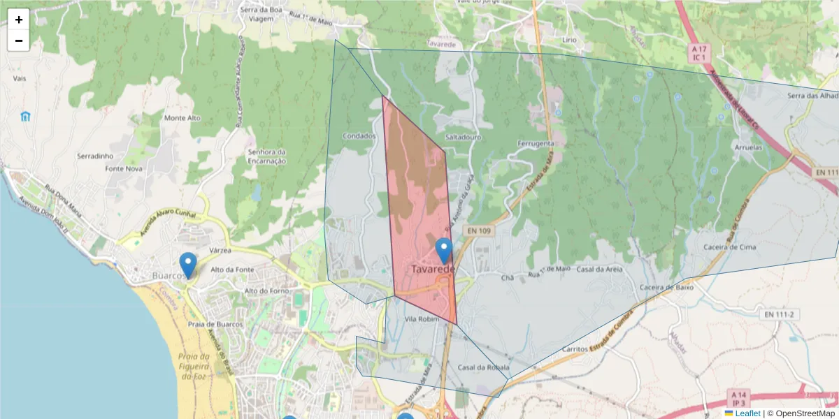 Mapa detalhado do código postal 3080-606 com limites, códigos postais vizinhos e agências dos correios