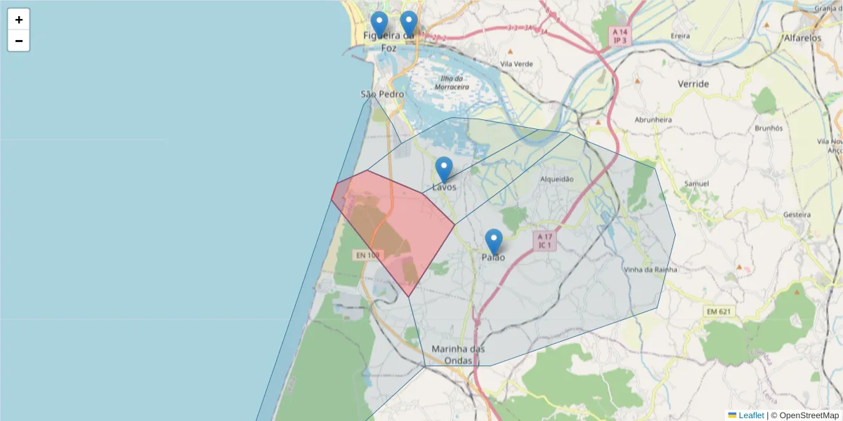 Mapa detalhado do código postal 3080 com limites, códigos postais vizinhos e agências dos correios