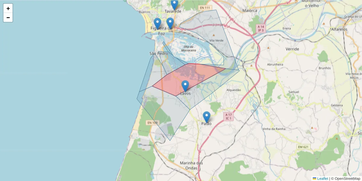 Mapa detalhado do código postal 3090-454 com limites, códigos postais vizinhos e agências dos correios