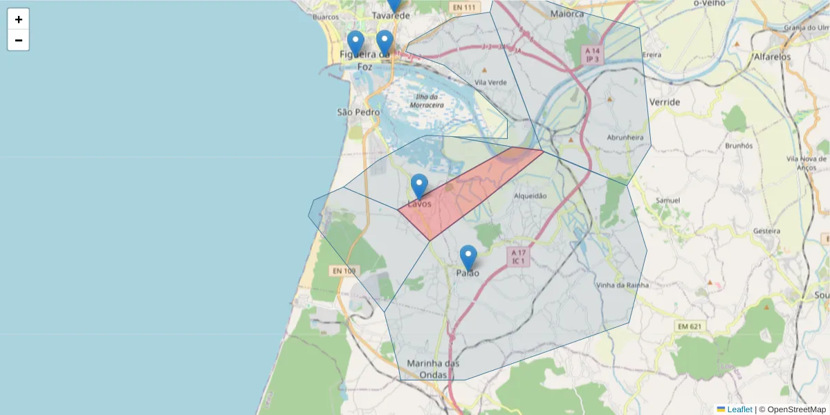 Mapa detalhado do código postal 3090-461 Lavos com limites, códigos postais vizinhos e agências dos correios