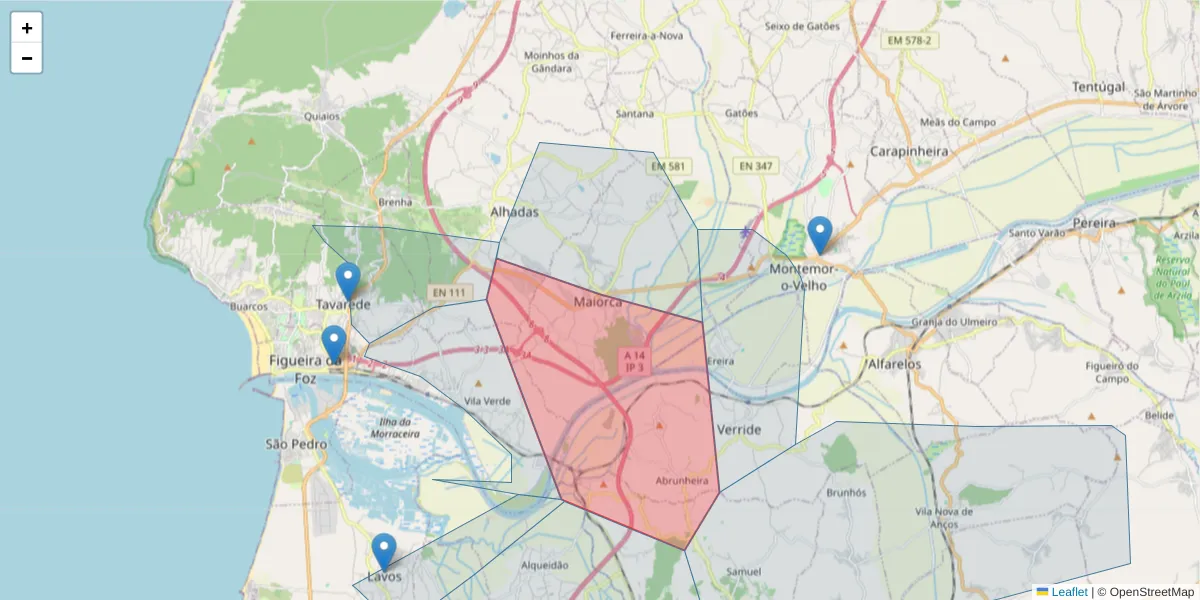 Mapa detalhado do código postal 3090-476 com limites, códigos postais vizinhos e agências dos correios