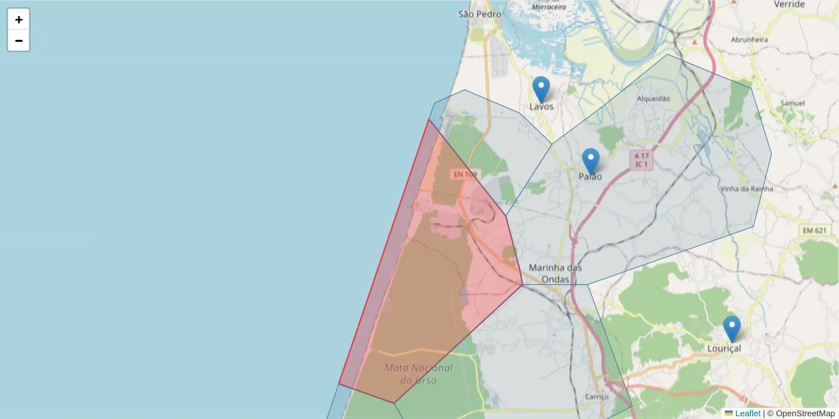 Mapa detalhado do código postal 3090-484 com limites, códigos postais vizinhos e agências dos correios