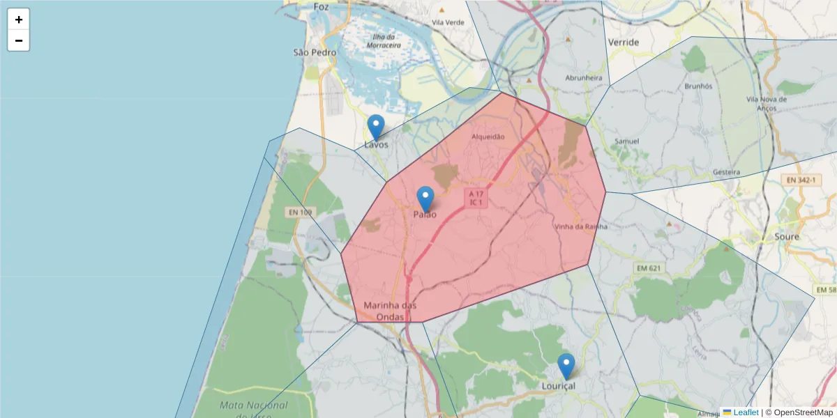 Mapa detalhado do código postal 3090-495 com limites, códigos postais vizinhos e agências dos correios