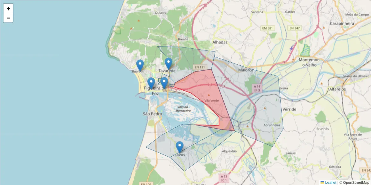 Mapa detalhado do código postal 3090-641 com limites, códigos postais vizinhos e agências dos correios