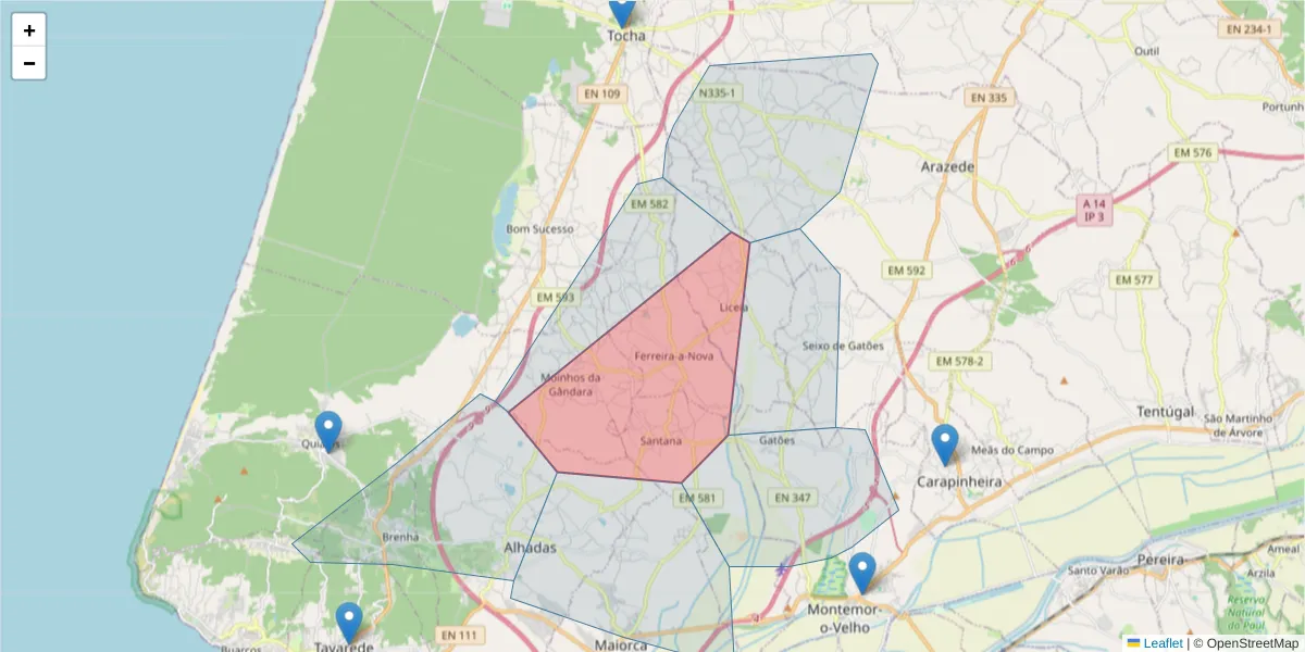 Mapa detalhado do código postal 3090-840 com limites, códigos postais vizinhos e agências dos correios