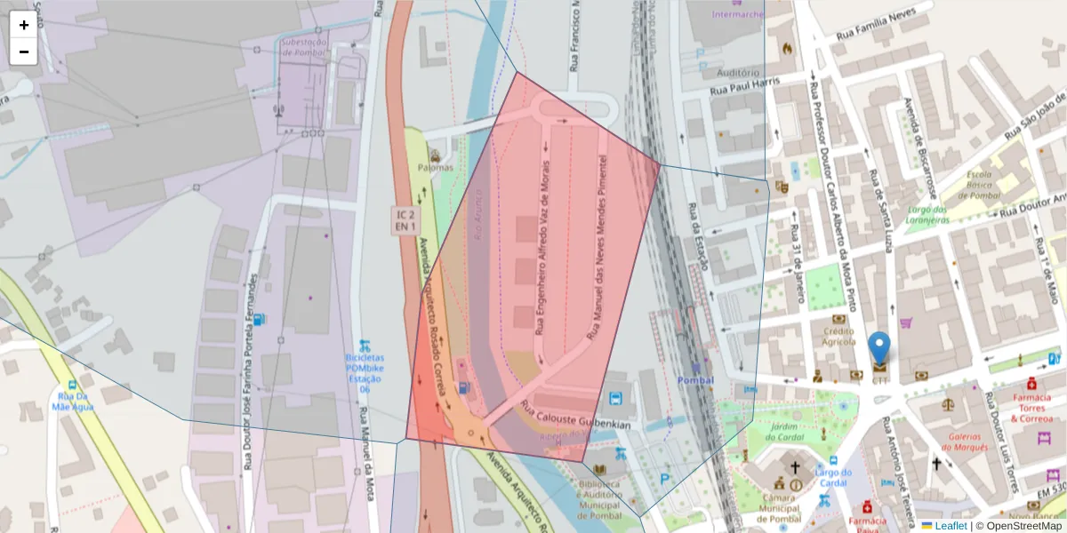 Mapa detalhado do código postal 3100-557 com limites, códigos postais vizinhos e agências dos correios