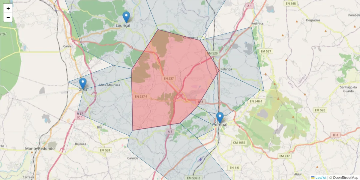 Mapa detalhado do código postal 3105-005 com limites, códigos postais vizinhos e agências dos correios