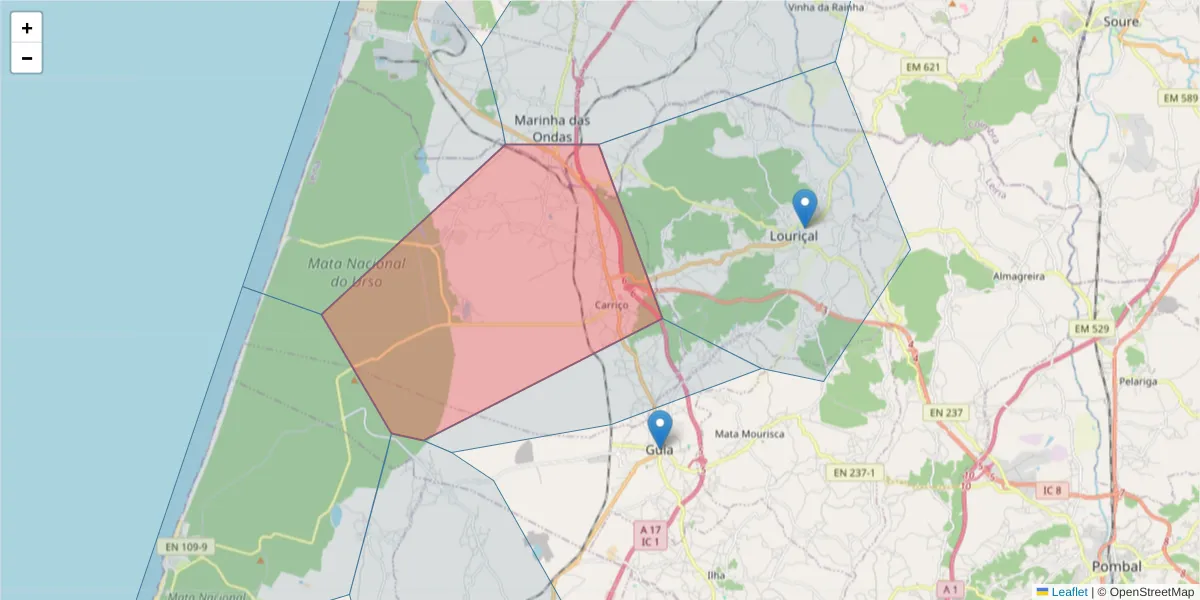 Mapa detalhado do código postal 3105-057 com limites, códigos postais vizinhos e agências dos correios