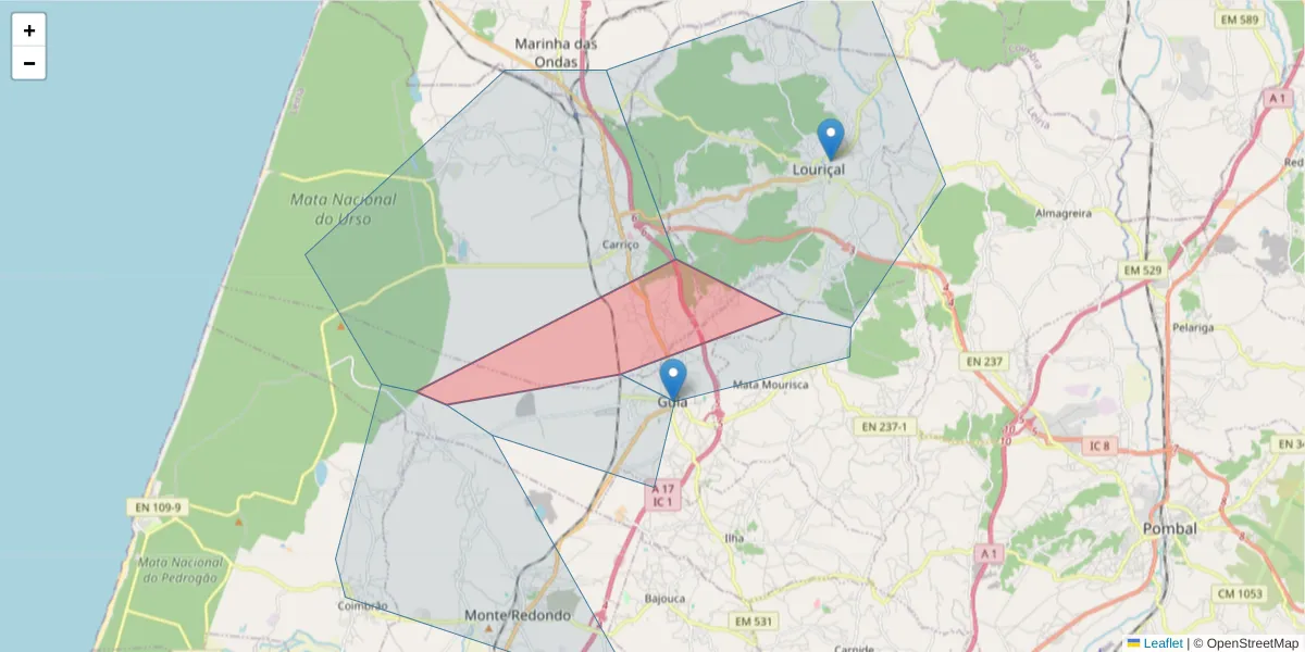 Mapa detalhado do código postal 3105-063 com limites, códigos postais vizinhos e agências dos correios