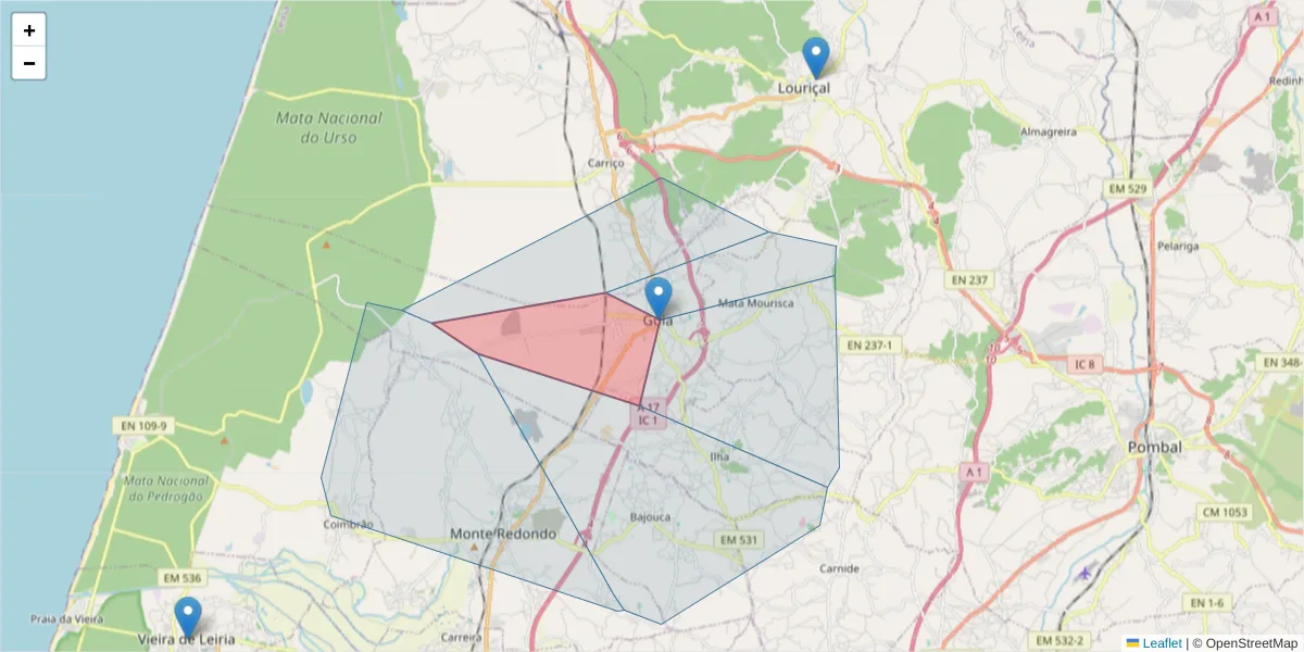 Mapa detalhado do código postal 3105-083 com limites, códigos postais vizinhos e agências dos correios