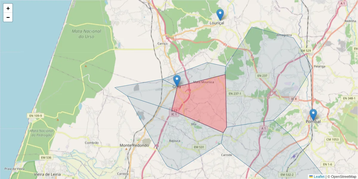 Mapa detalhado do código postal 3105-102 com limites, códigos postais vizinhos e agências dos correios