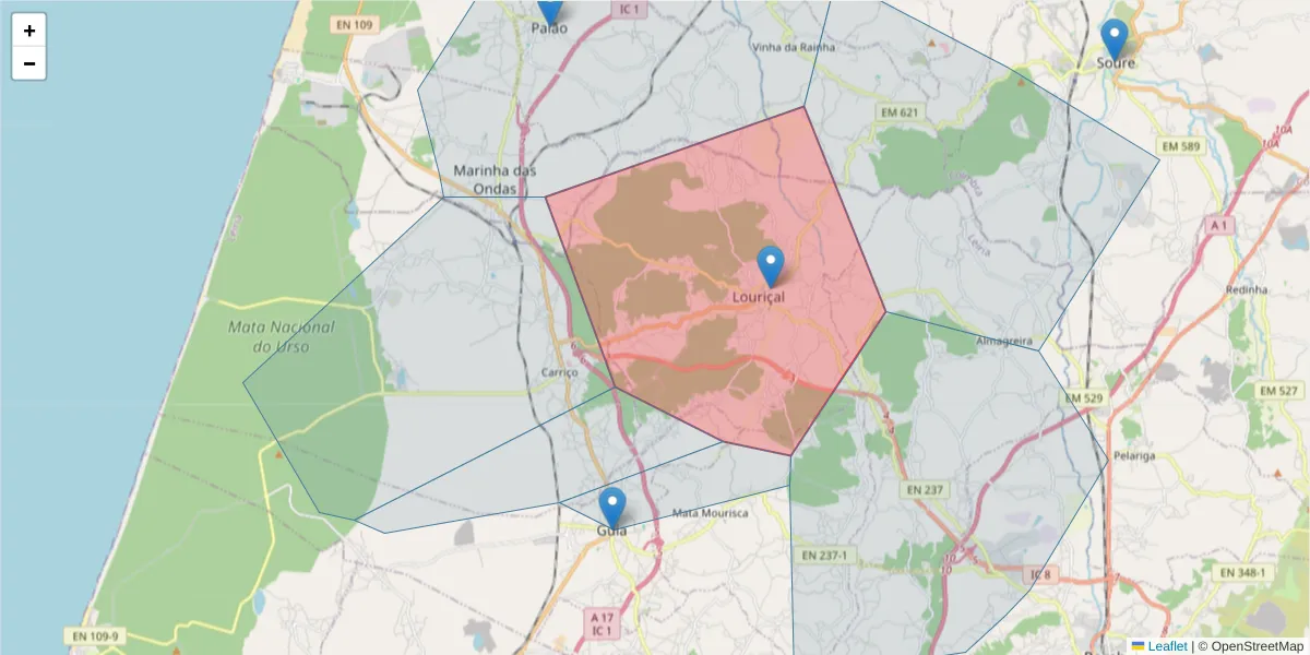 Mapa detalhado do código postal 3105-168 com limites, códigos postais vizinhos e agências dos correios