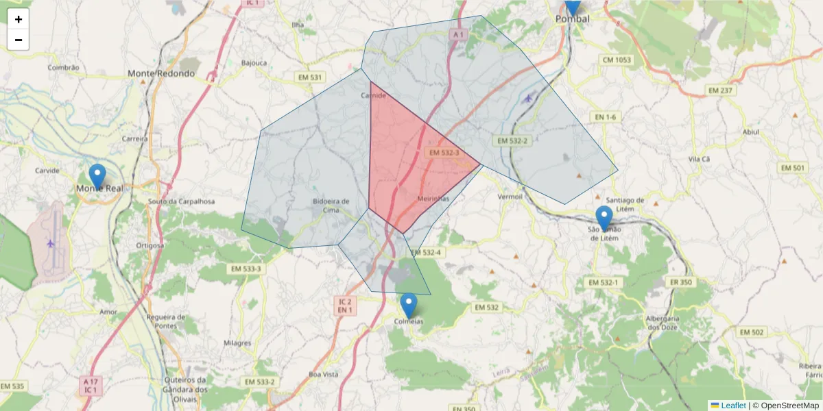 Mapa detalhado do código postal 3105-253 com limites, códigos postais vizinhos e agências dos correios