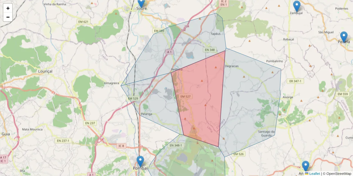 Mapa detalhado do código postal 3105-307 com limites, códigos postais vizinhos e agências dos correios