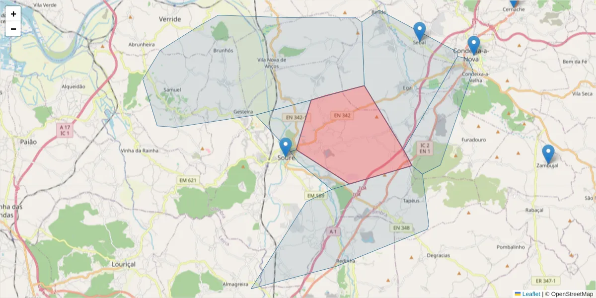 Mapa detalhado do código postal 3130-000 com limites, códigos postais vizinhos e agências dos correios
