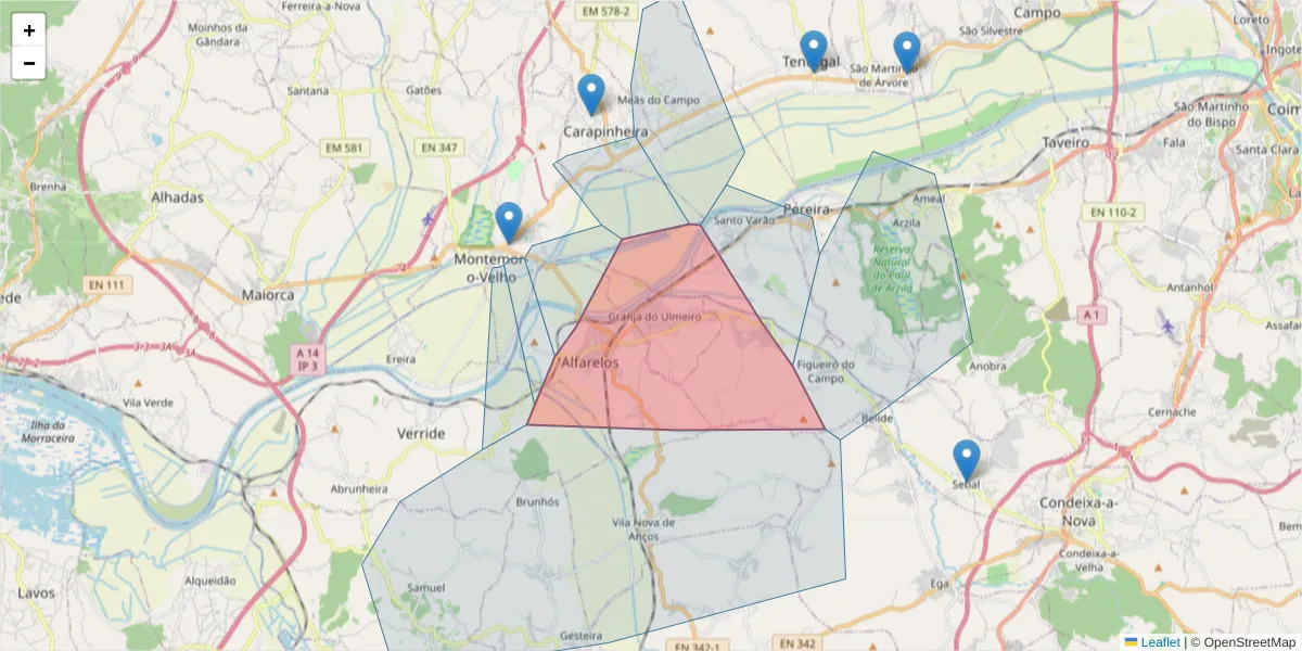 Mapa detalhado do código postal 3130-080 com limites, códigos postais vizinhos e agências dos correios