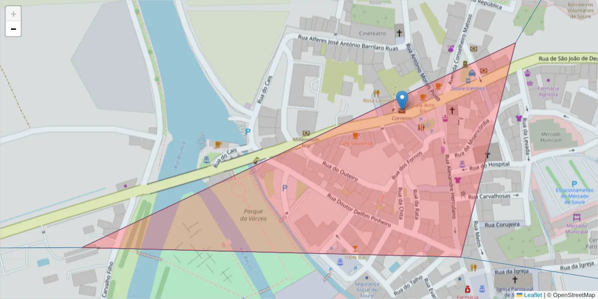 Mapa detalhado do código postal 3130-221 com limites, códigos postais vizinhos e agências dos correios