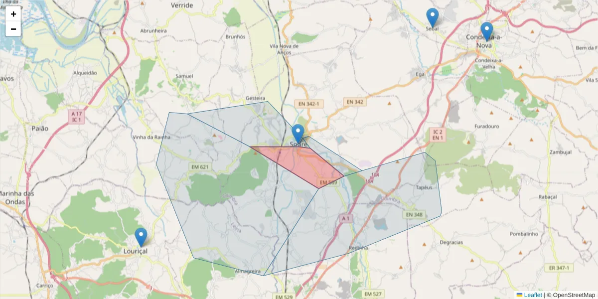 Mapa detalhado do código postal 3130-519 com limites, códigos postais vizinhos e agências dos correios