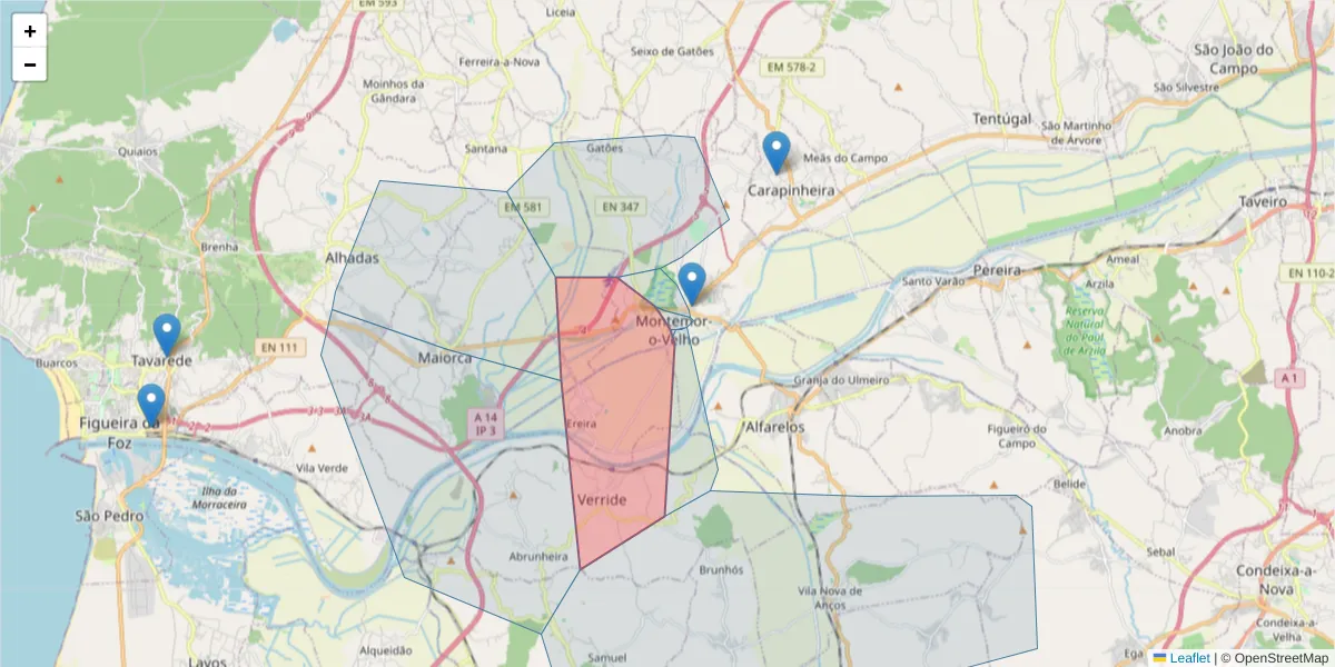 Mapa detalhado do código postal 3140-253 com limites, códigos postais vizinhos e agências dos correios