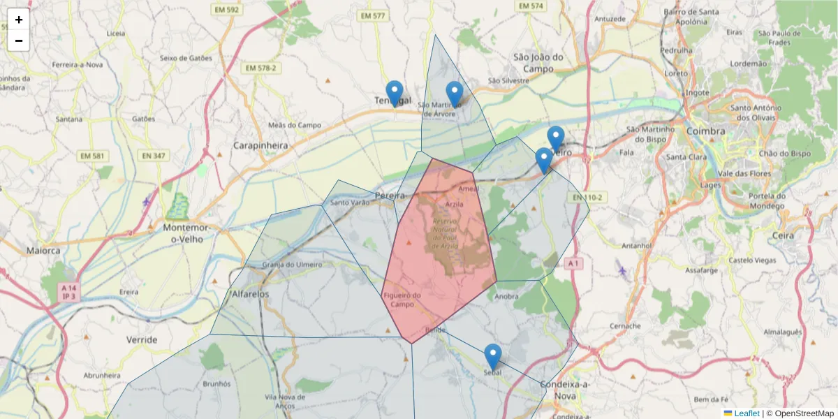 Mapa detalhado do código postal 3140-326 com limites, códigos postais vizinhos e agências dos correios