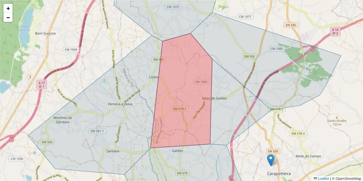Mapa detalhado do código postal 3140-447 com limites, códigos postais vizinhos e agências dos correios