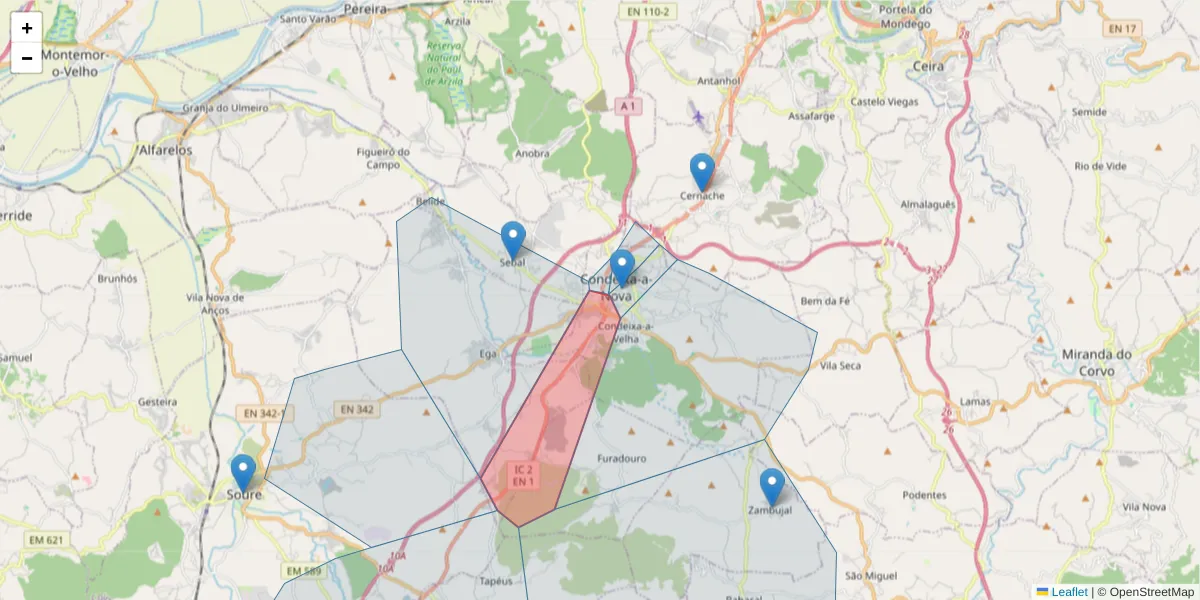 Mapa detalhado do código postal 3150-100 com limites, códigos postais vizinhos e agências dos correios
